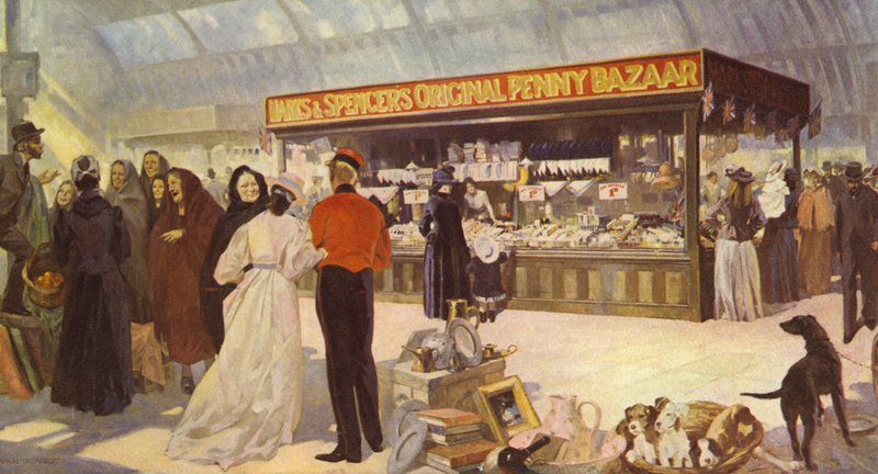 Den originale typen Open Penny Bazaar i den offentlige markedshallen, 1890 av English School