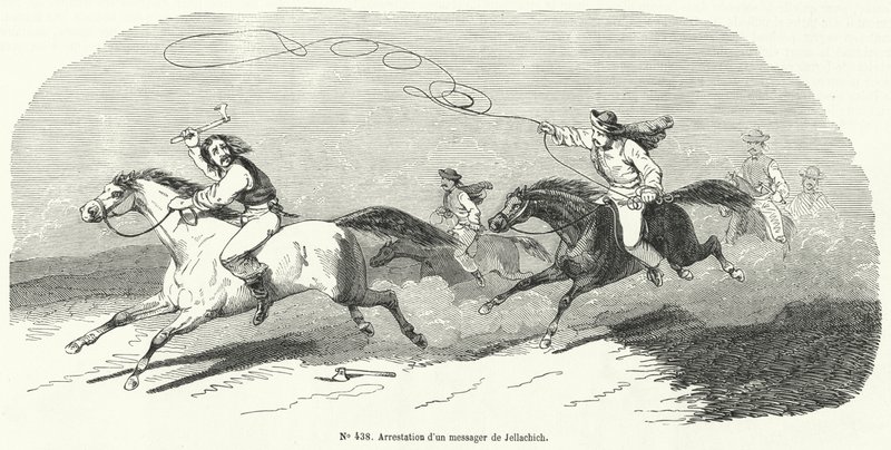 Arrestasjon av en budbringer av Josip Jelacic, Ban of Croatia, revolusjonen i 1848 av French School