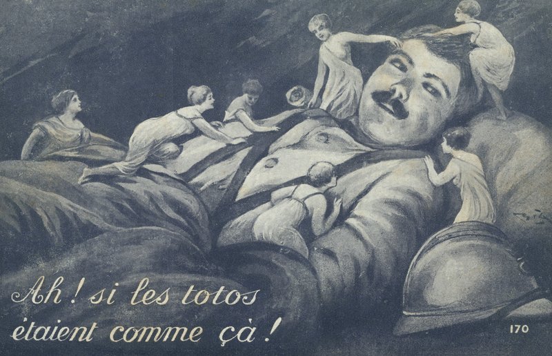 Små kvinner som klatrer over en soldat av French School