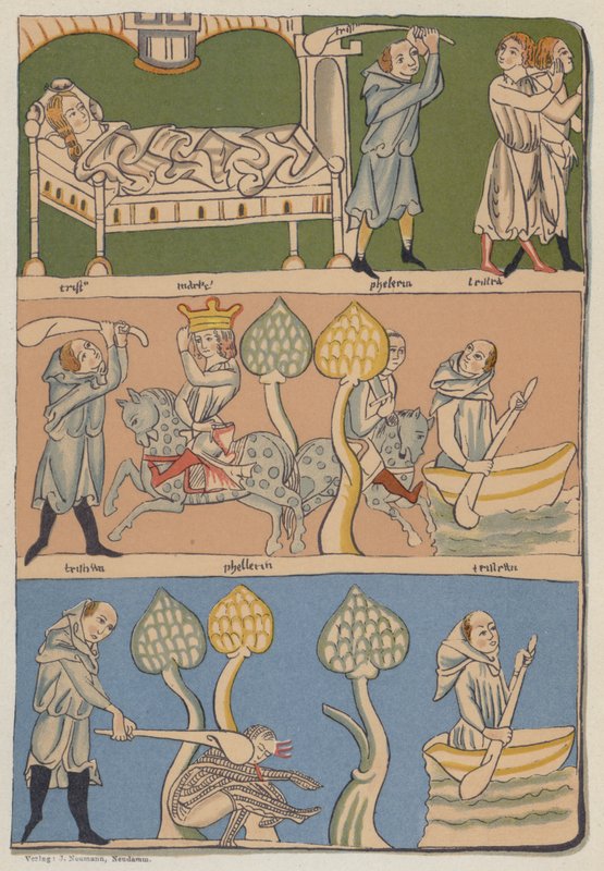 Miniatyrer fra Gottfried von Strassburgs München-manuskript fra 1200-tallet av Tristan und Isolde av German School