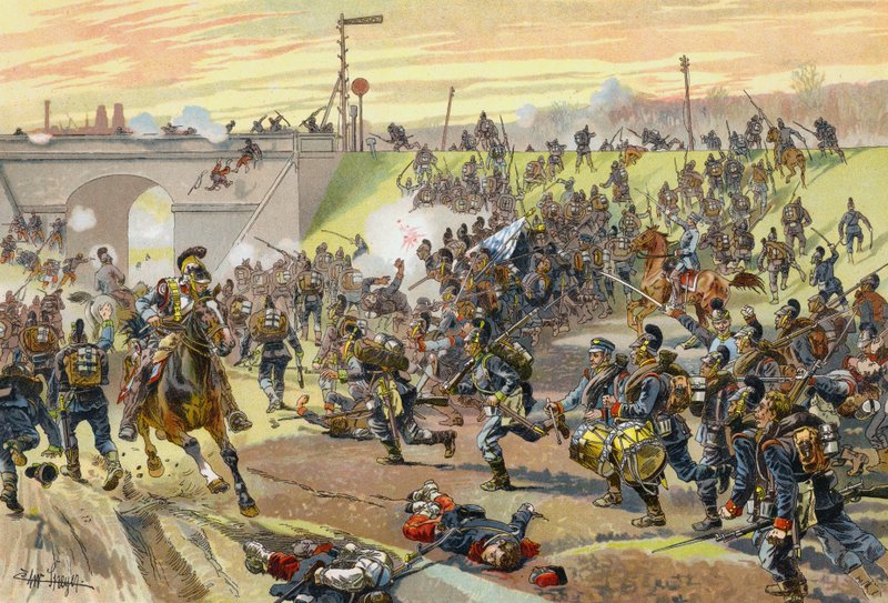 Det 1. bayerske korps stormer en jernbanefylling utenfor Orleans, fransk-prøyssisk krig, 11. oktober 1870 av German School