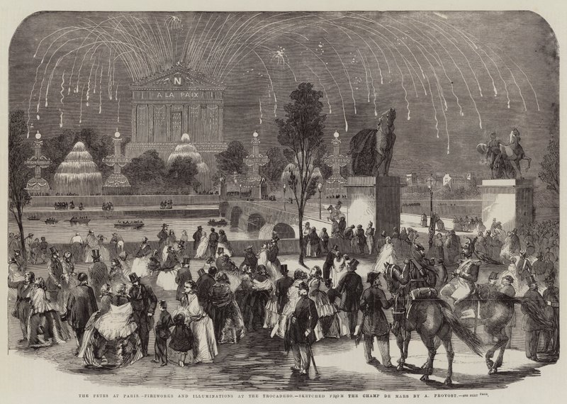 Fetene i Paris, fyrverkeri og belysning på Trocadero, skissert fra Champ de Mars av A Provost