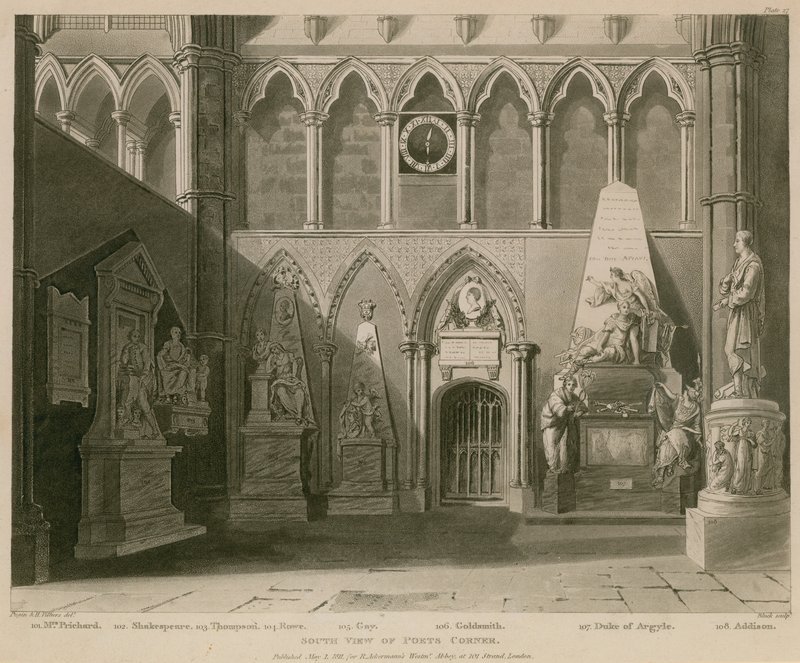 Sørutsikt over Poets Corner, Westminster Abbey, London av A.C. and Villiers, H. Pugin