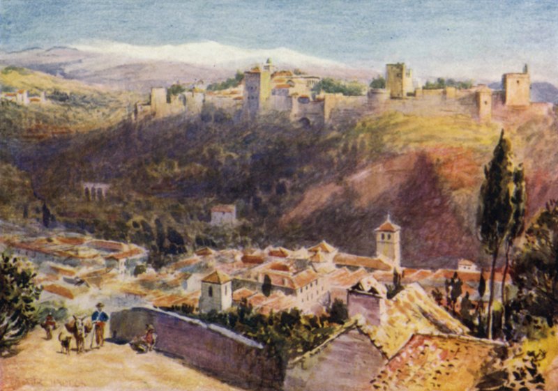 Granada, generell utsikt over Alhambra (farge litho) av A. Trevor Haddon