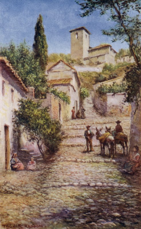 Granada, gate i det gamle kvarteret (farge litho) av A. Trevor Haddon