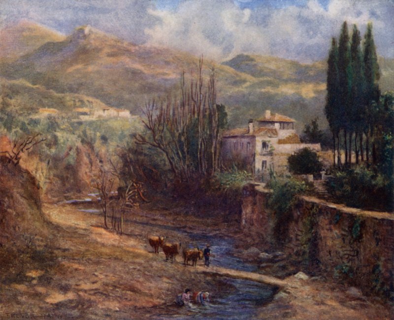 Granada, Villa på Darro (farge litho) av A. Trevor Haddon