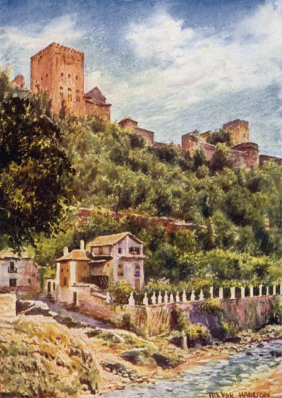 Granada, villaer ved bredden av elven Darro (farge litho) av A. Trevor Haddon