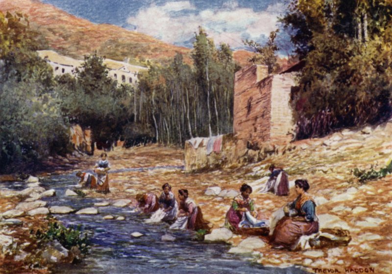 Granada, villaer ved bredden av elven Darro (farge litho) av A. Trevor Haddon