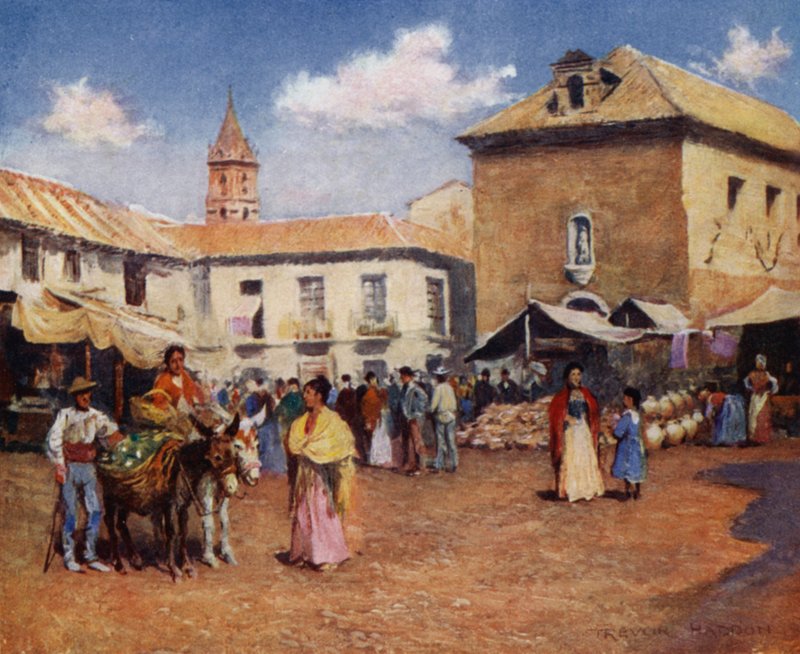 Malaga, et marked (farge litho) av A. Trevor Haddon