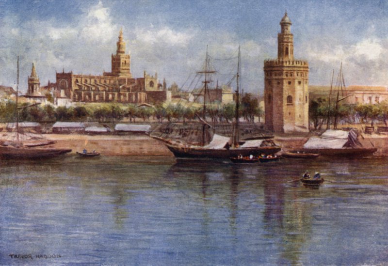 Sevilla, Torre del Oro og katedralen (farge litho) av A. Trevor Haddon