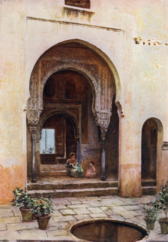 Alhambra, Court of the Mexuar, West Facade (farge litho) av A. Trevor Haddon