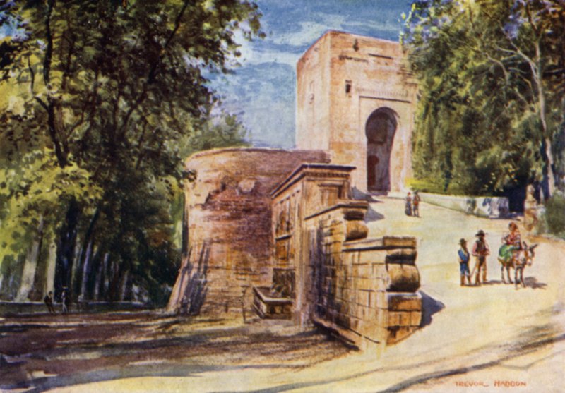 Alhambra, Justisporten og keiserens fontene (farge litho) av A. Trevor Haddon
