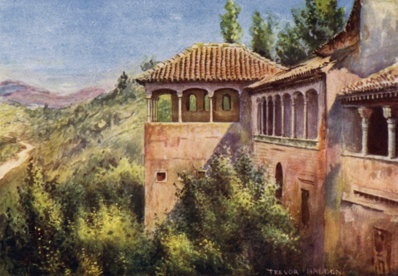 Alhambra, Dronningens Boudoir (farge litho) av A. Trevor Haddon