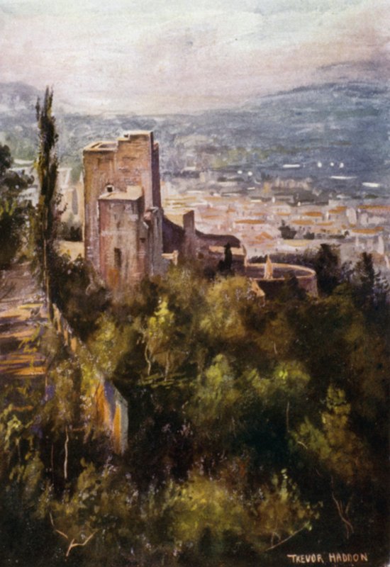 Alhambra, Vermillion Towers fra vollene (farge litho) av A. Trevor Haddon