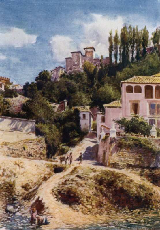 Alhambra, Torre de las Damas fra elven Darro (farge litho) av A. Trevor Haddon