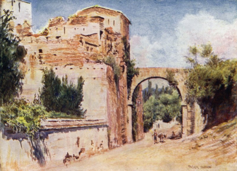 Alhambra, tårnet og akvedukten (farge litho) av A. Trevor Haddon