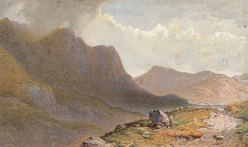 Scene mellom Capel Currg og Llyn Ogwen, ved hodet av Nant Frangon, Nord-Wales (chromolitho) av Aaron Edwin Penley