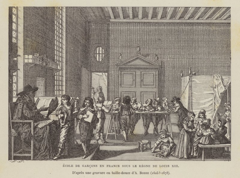Fransk gutteskole under Ludvig XIIIs regjeringstid (litho) av Abraham (after) Bosse