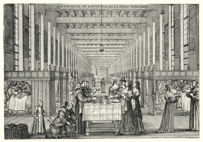 Sykehuset ved Hopital de la Charite i Paris (gravering) av Abraham (after) Bosse