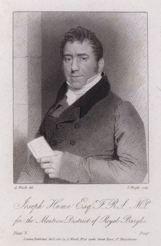 Joseph Hume , skotsk lege, politiker og radikal MP (gravering) av Abraham (after) Wivell