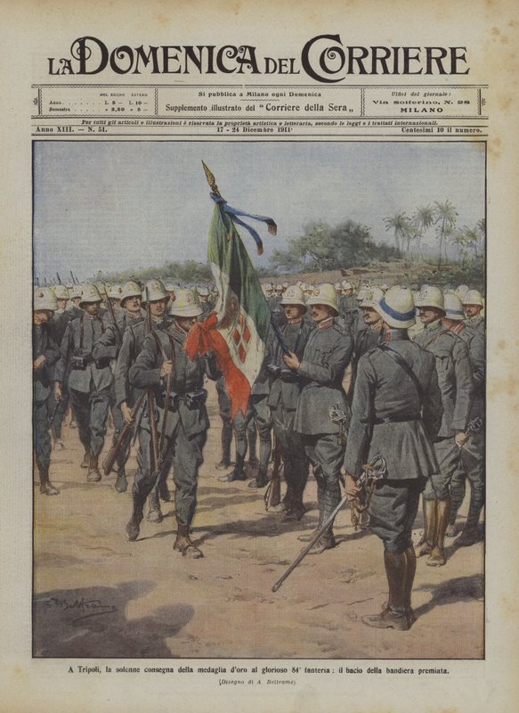 I Tripoli, den høytidelige leveringen av gullmedaljen til det strålende 84. infanteriet, kysset til det tildelte flagget av Achille Beltrame