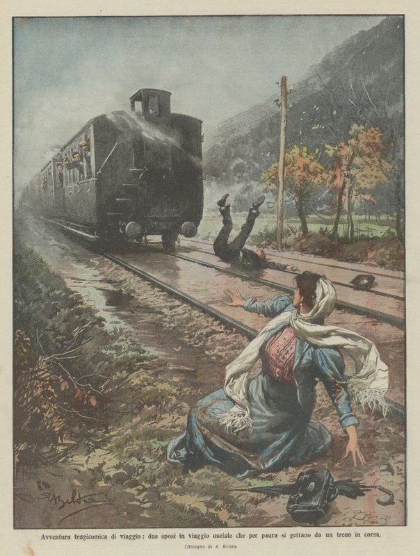 Tragikomisk reiseeventyr, to nygifte på bryllupsreise som av frykt hopper av et tog i bevegelse av Achille Beltrame