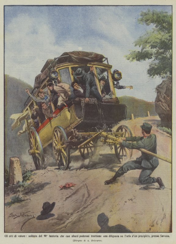 Tapperhet, soldat fra det 90. infanteriet som med mektig innsats holder tilbake en flid? av Achille Beltrame