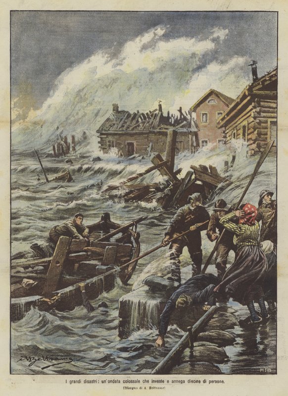 De store katastrofene, en kolossal bølge som rammer og drukner dusinvis av mennesker av Achille Beltrame
