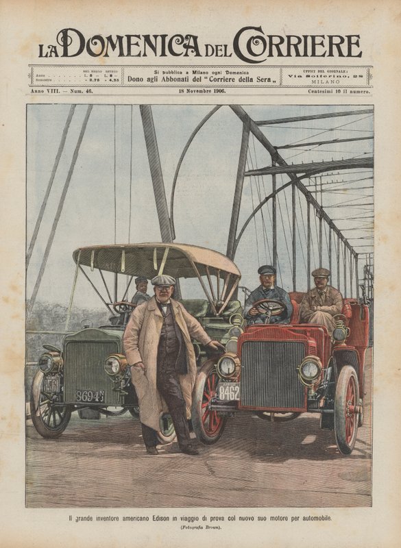 Den store amerikanske oppfinneren Edison på prøvetur med sin nye bilmotor av Achille Beltrame