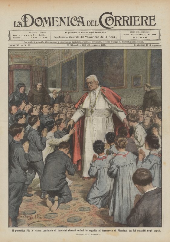 Mottar pave Pius X hundrevis av foreldreløse barn etter jordskjelvet i Messina? av Achille Beltrame