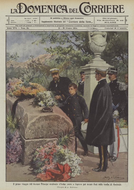 Den første turen til den ti år gamle kronprinsen av Italia, et stopp i Caprera for å bringe blomster på? av Achille Beltrame