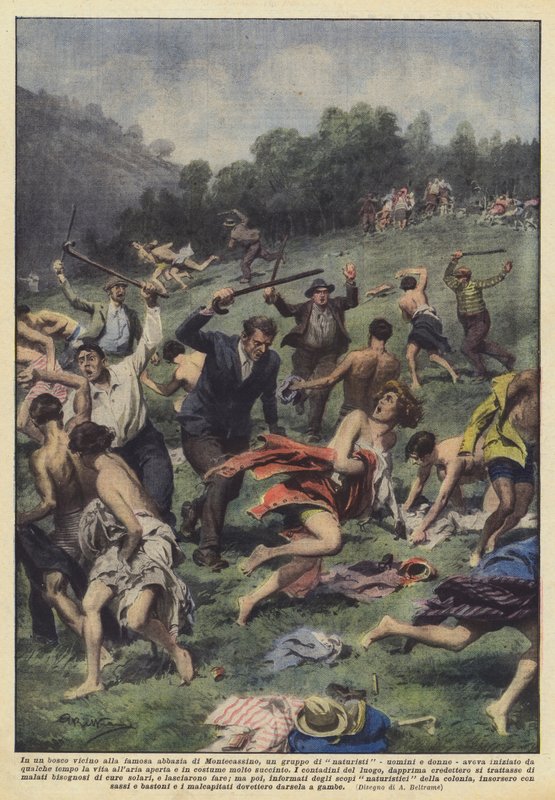 I en skog nær det berømte klosteret Montecassino, en gruppe naturister - menn og kvinner? av Achille Beltrame