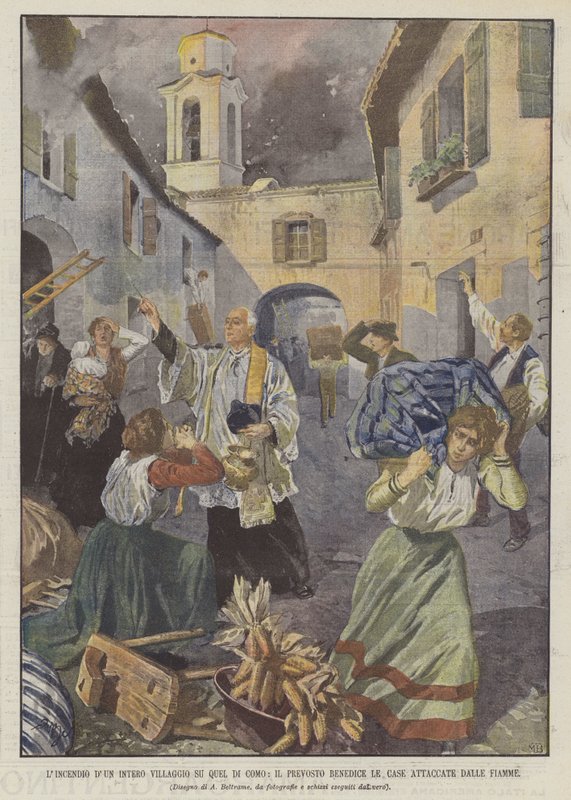 Brann i en hel landsby på den av Como, prosten velsigner husene angrepet av flammer av Achille Beltrame