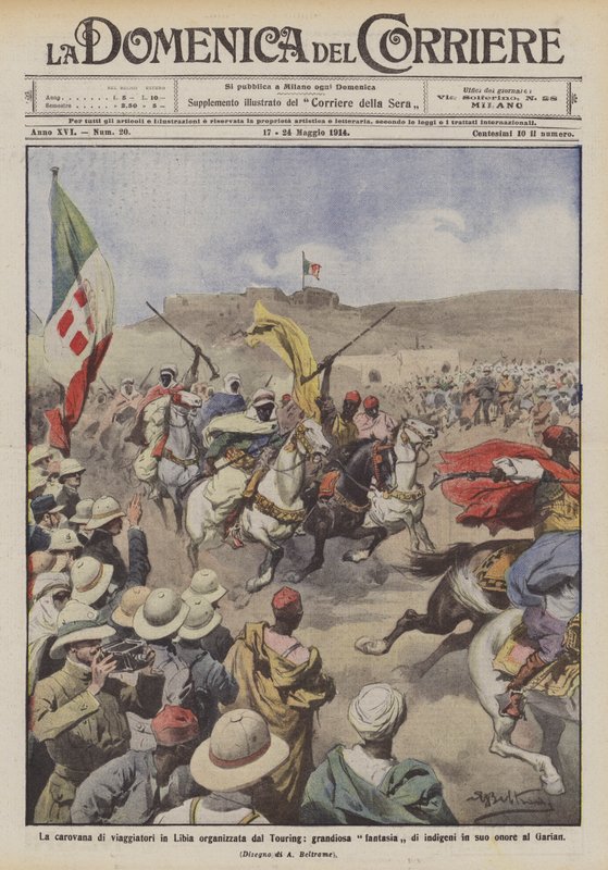 Karavanen av reisende i Libya organisert av Touring, en grandiose urfolksfantasi til hans ære på Garian av Achille Beltrame