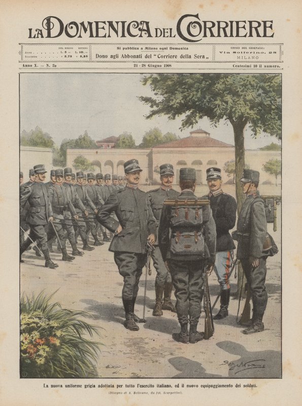 Den nye grå uniformen tatt i bruk for hele den italienske hæren, og det nye utstyret til soldatene av Achille Beltrame
