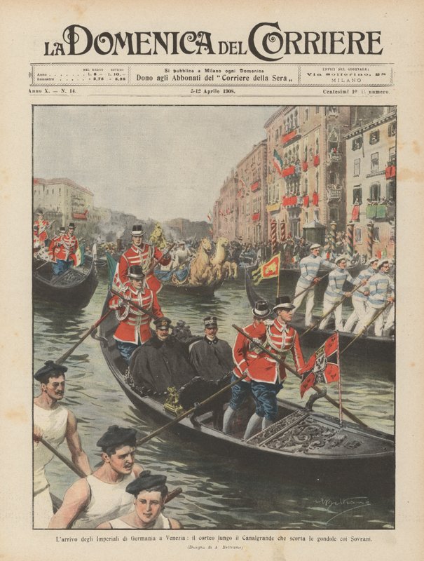 Ankomsten av keiserriket i Tyskland til Venezia, prosesjonen langs Canal Grande som følger gondolene med suverene av Achille Beltrame
