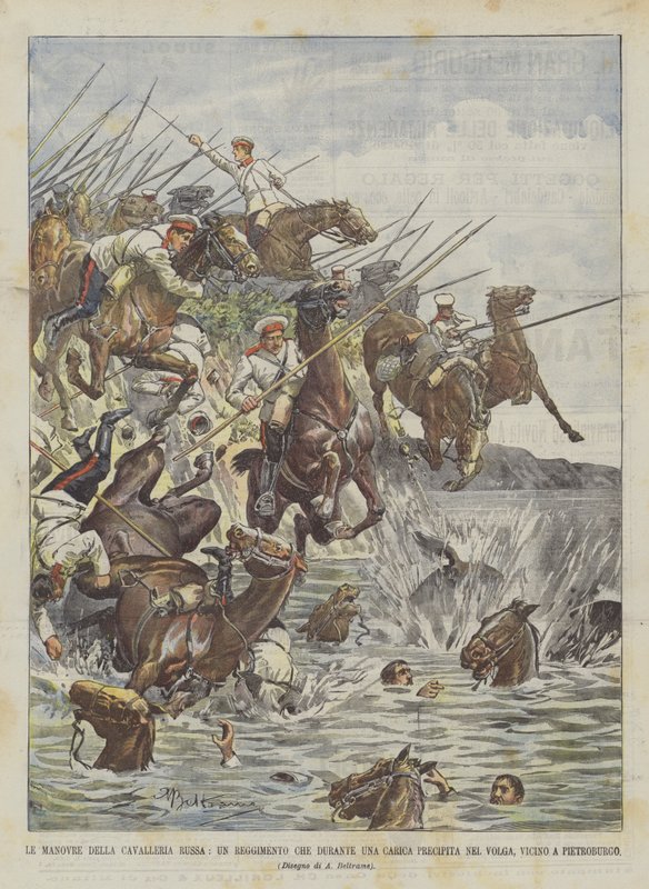 Manøvrene til det russiske kavaleriet, et regiment som styrter under en ladning i Volga, nær Petersburg av Achille Beltrame