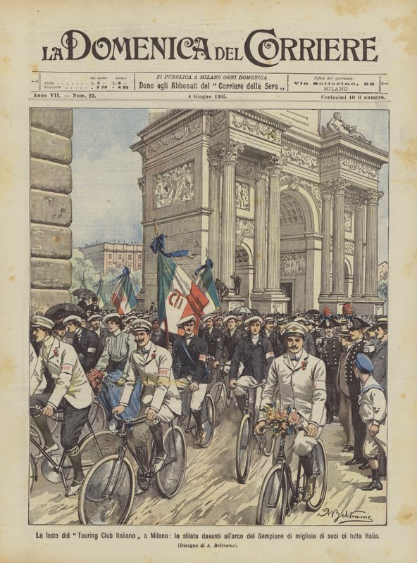 Festene til den italienske turklubben i Milano, paraden foran Simplon-buen av tusenvis? av Achille Beltrame