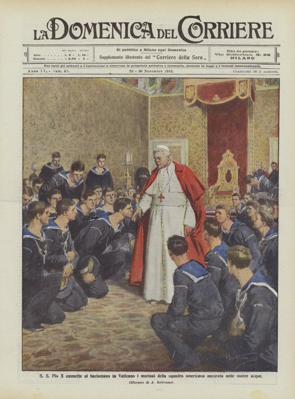 Aller helligste Pius X innrømmer at sjømennene fra det amerikanske laget ankret opp i våre farvann for å kysse hender i Vatikanet av Achille Beltrame