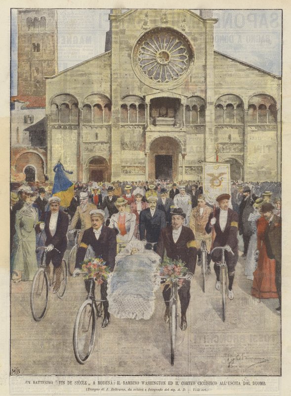 En Fin De Siecle-dåp i Modena, The Child Washington og sykkelparaden utenfor katedralen av Achille Beltrame