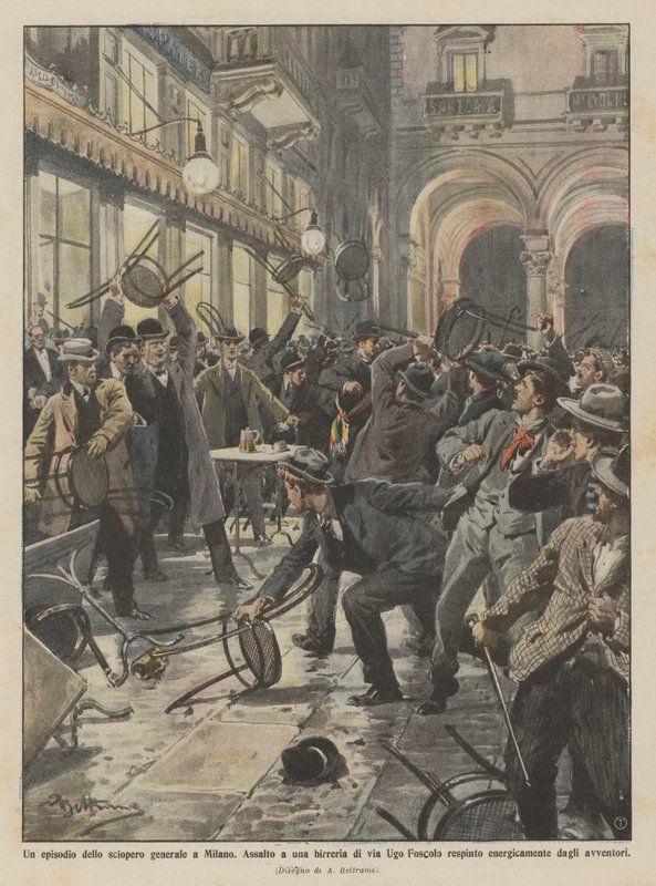 En episode av generalstreiken i Milano, Angrep på et bryggeri i via Ugo Foscolo avvist? av Achille Beltrame