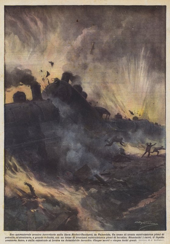 En skremmende jernbanekollisjon på Ploesci-Tandarei-linjen, i Wallachia av Achille Beltrame
