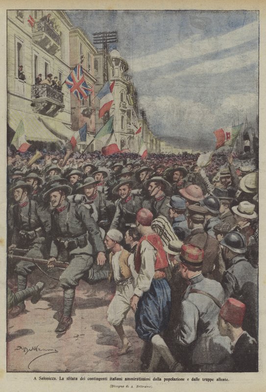 I Thessaloniki, paraden av de italienske kontingentene beundret av befolkningen og allierte tropper av Achille Beltrame