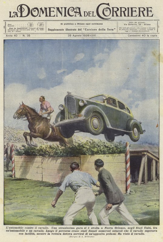En bil og en hest hopper et hinder på en veddeløpsbane i New Orleans av Achille Beltrame