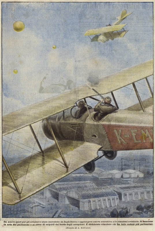 En bevæpnet mann i et fly som skyter ballonger over England av Achille Beltrame