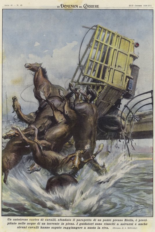 En lastebil med hest i en ulykke i Biella av Achille Beltrame