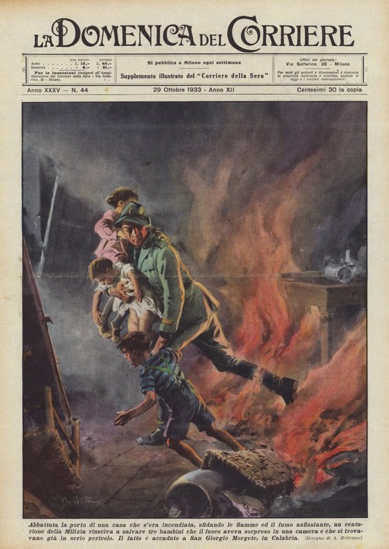 Banket ned døren til et hus som brant ned om kvelden, trosset flammene og kvelende røyk? av Achille Beltrame