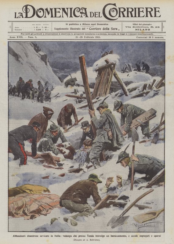 Rikelig katastrofalt snøfall i Italia, et snøskred som overvelder en brakke nær Tenda? av Achille Beltrame