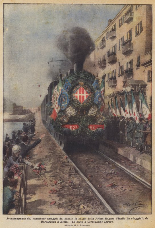 Akkompagnert av den rørende hyllingen av folket, reiste kroppen til den første dronningen av Italia? av Achille Beltrame