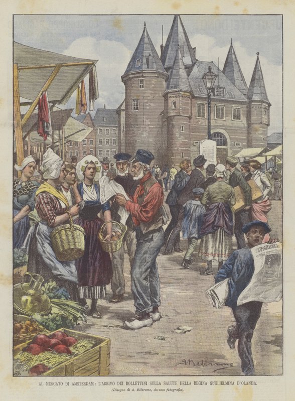 På Amsterdam Market ankommer dronning Wilhelminske helsebulletiner i Holland av Achille Beltrame